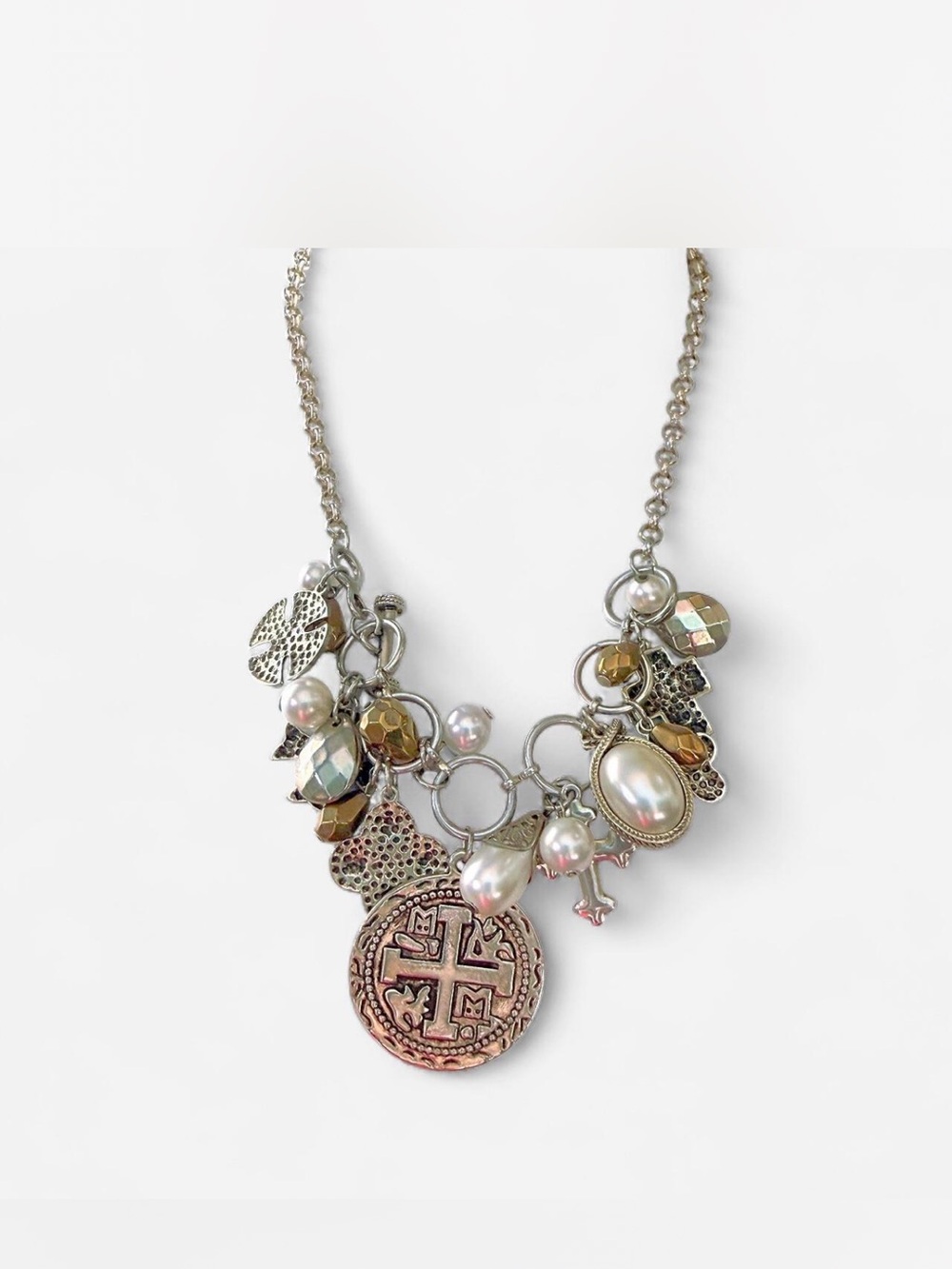 Silver Coin & Pearl Charm Necklace - Women's Jewelry